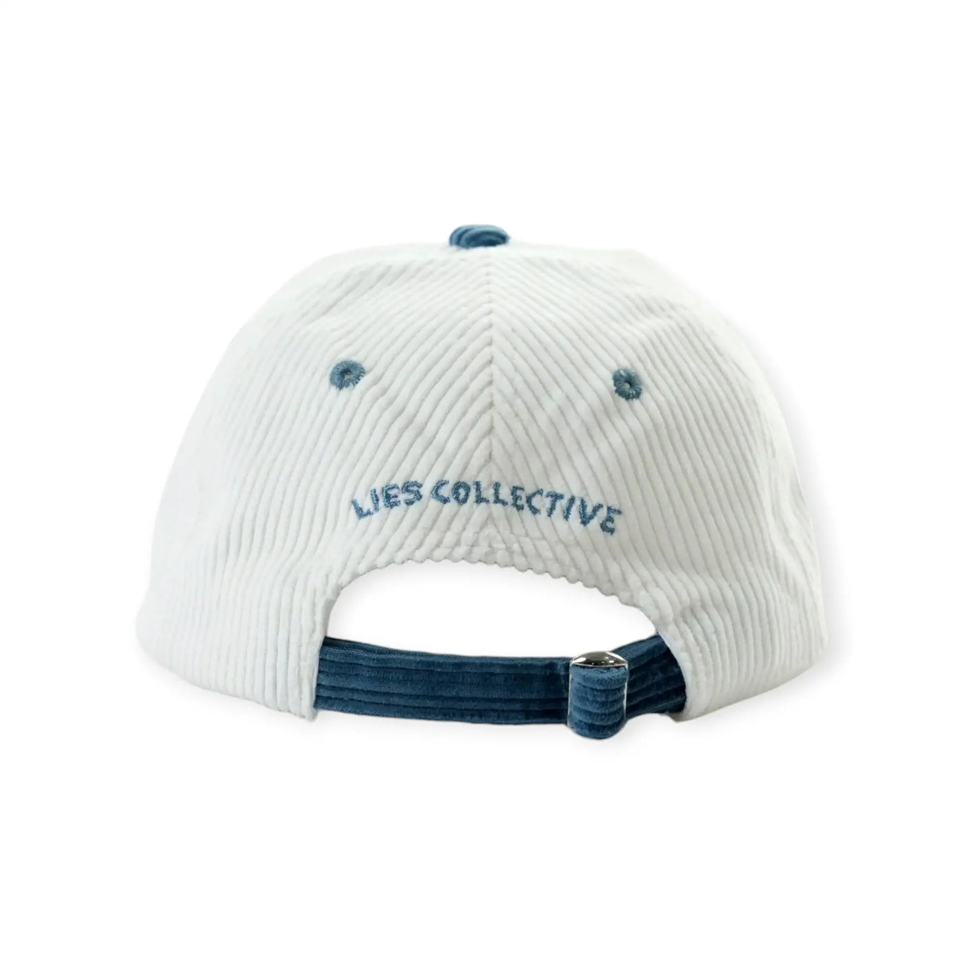 White corduroy baseball cap back with blue brim and LIES COLLECTIVE lettering