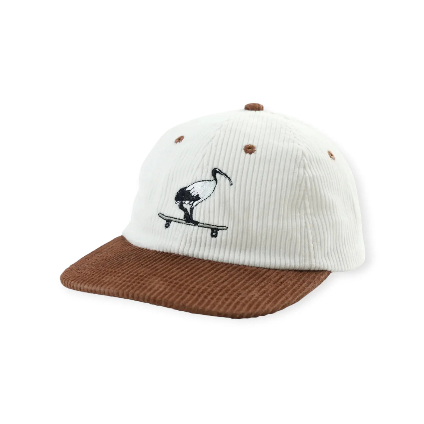 White ribbed beanie hat with brown brim and black skater chicken graphic