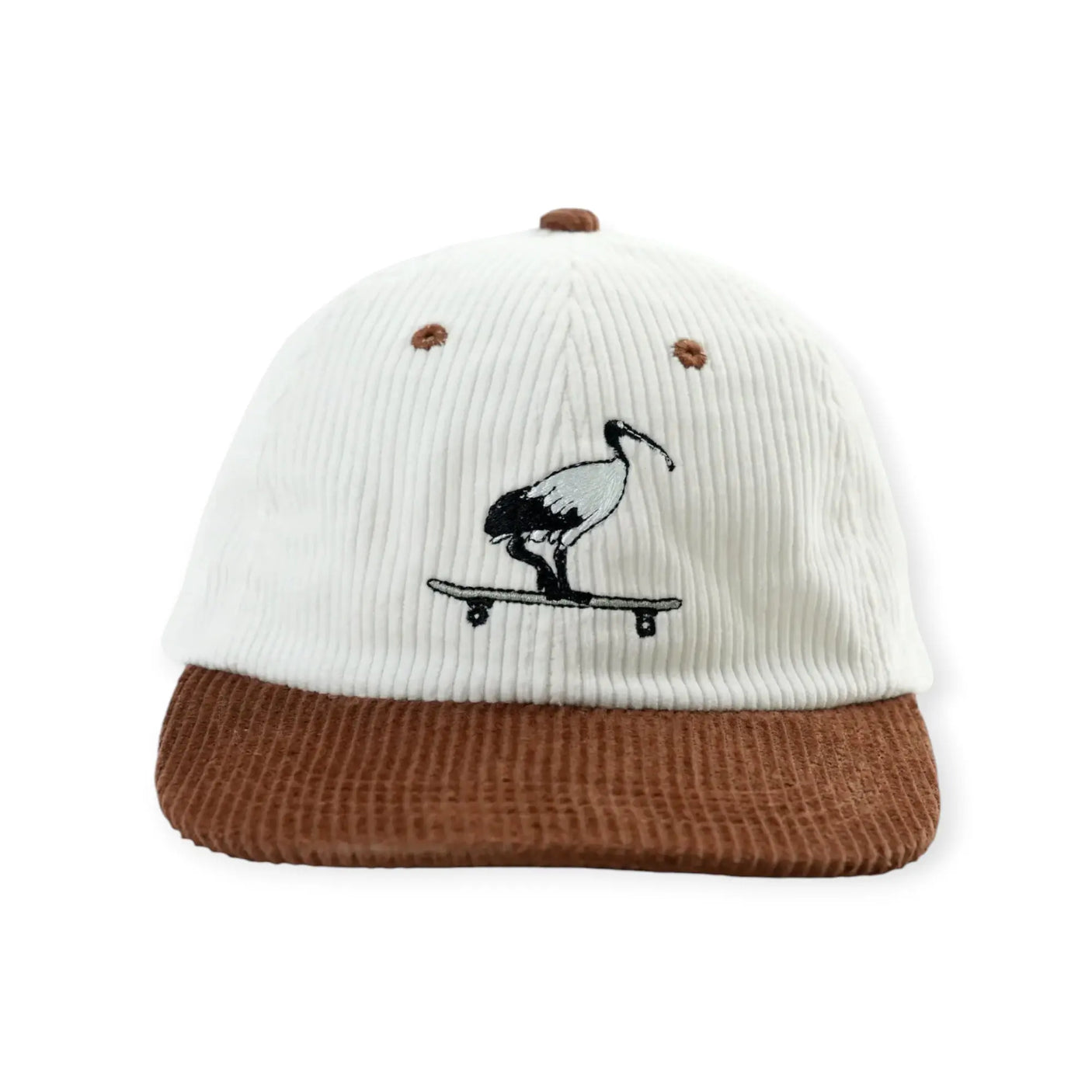 White ribbed beanie hat with brown brim and black skater chicken graphic