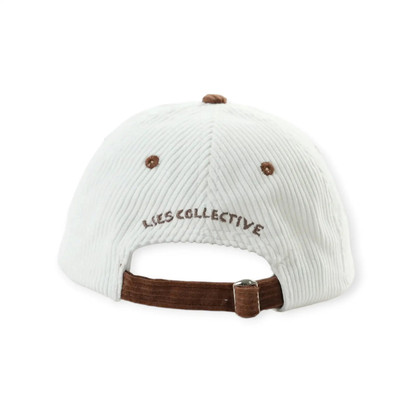 White ribbed cap with brown brim, "Lies Collective" back text