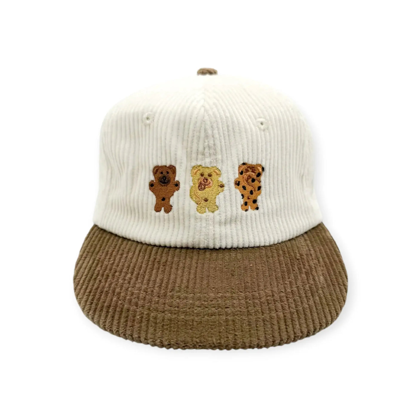 Ribbed cap with tan crown, brown brim, and three teddy patches