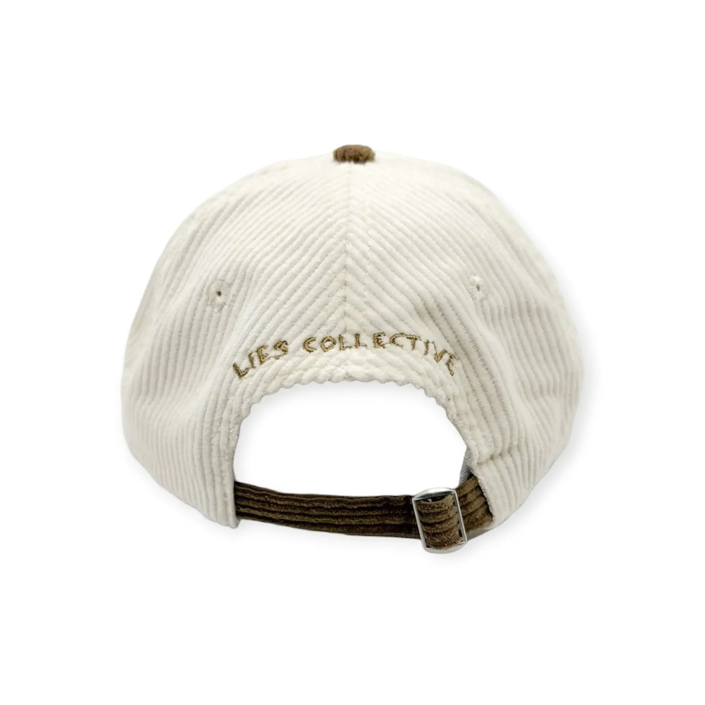 Ribbed cap with tan crown, brown brim, and adjustable strap back