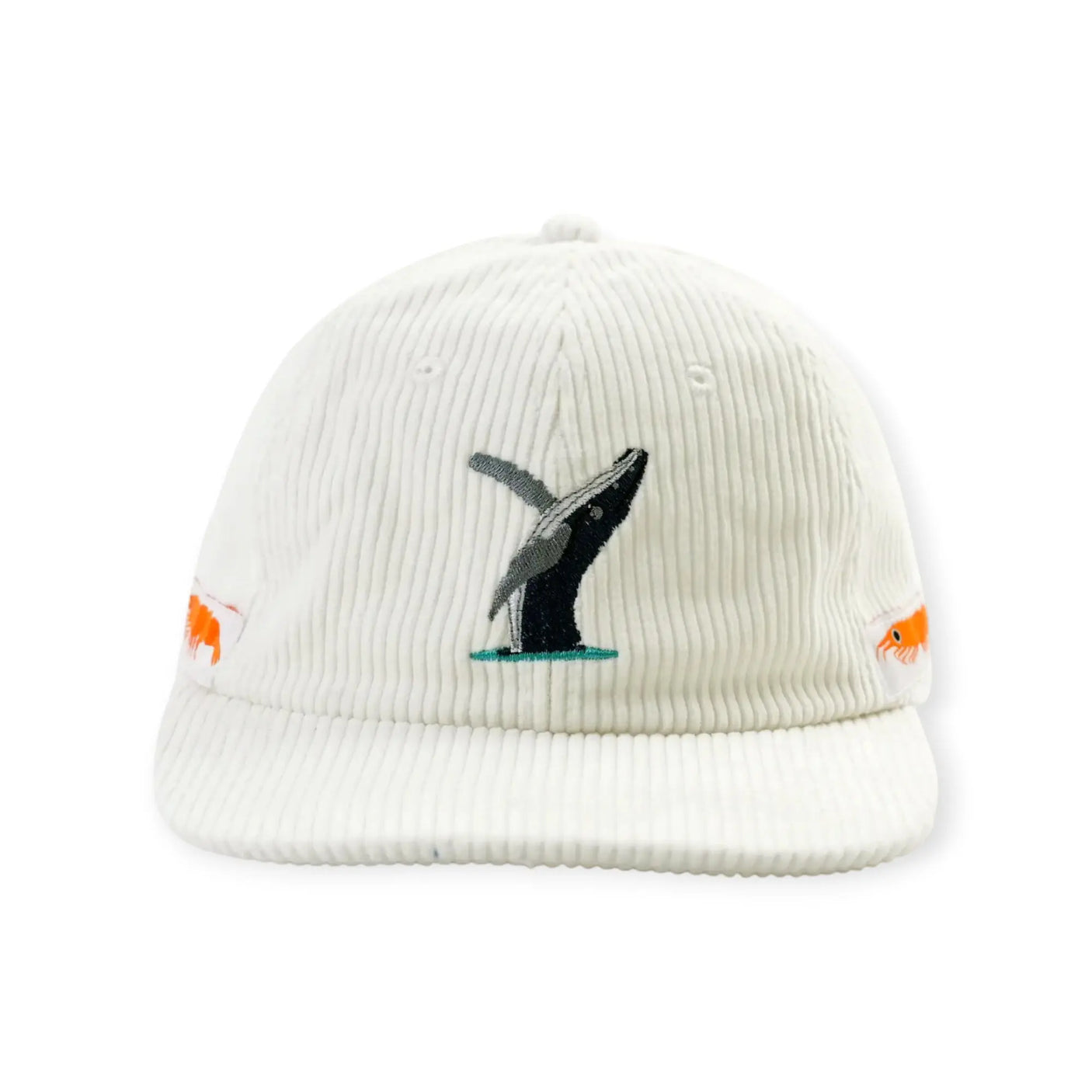 White corded knitted hat with whale embroidery and orange fish accents at brim
