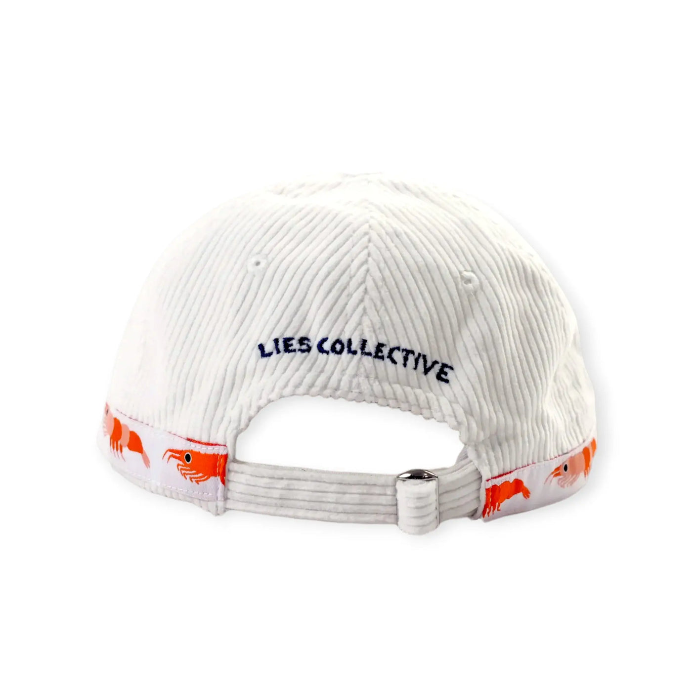 White corded knitted hat with 'LIES COLLECTIVE' logo and fish embroidery