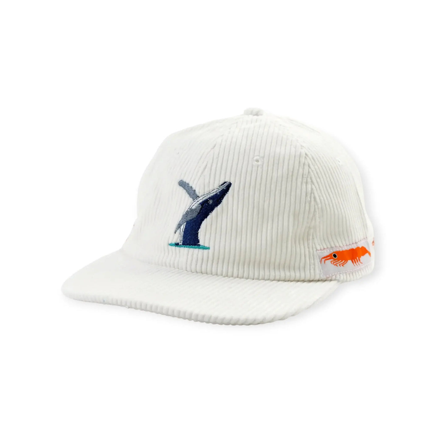 White knitted hat with whale patch front and orange fish detail on side