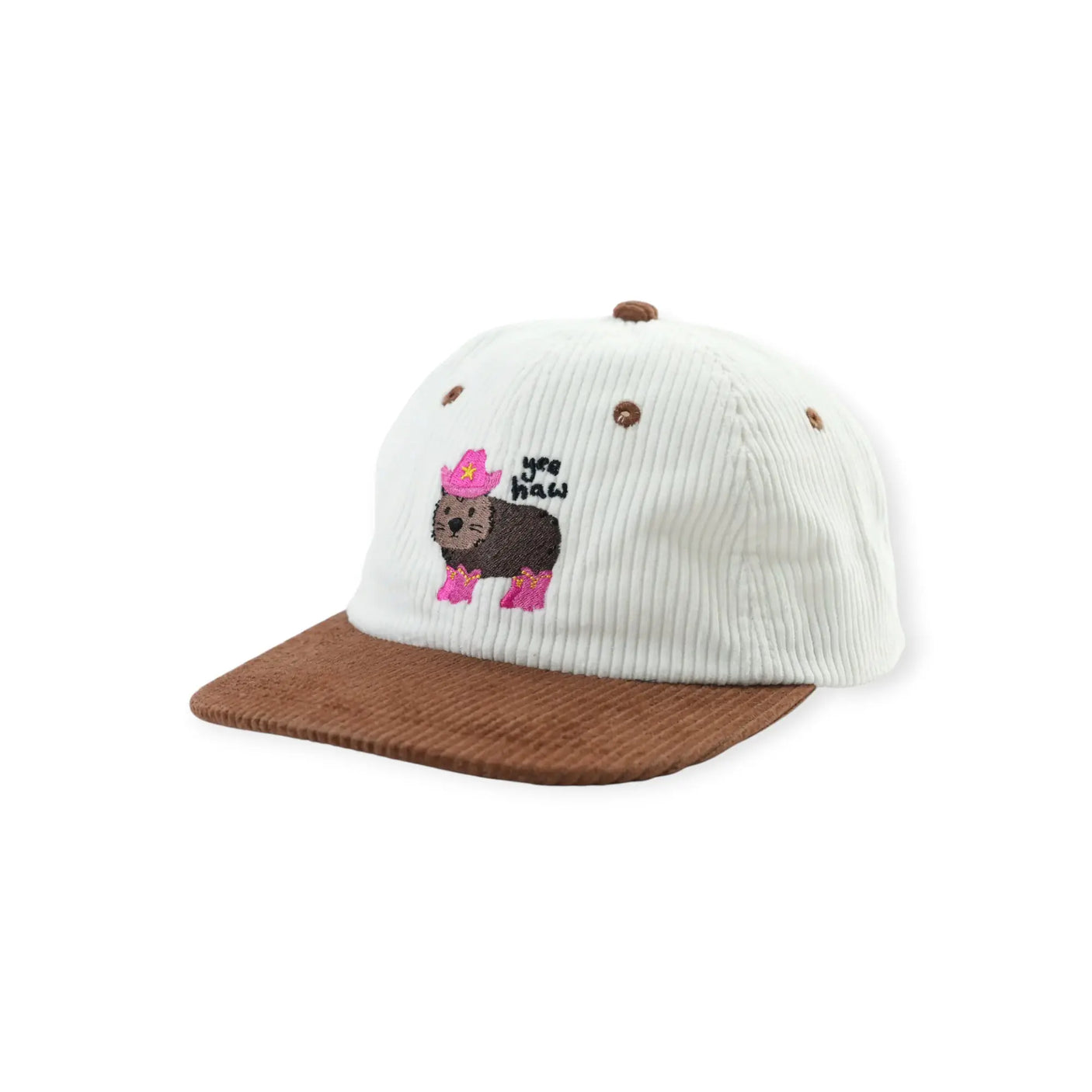 White-and-brown cap with pink wombat patch on side and brown brim
