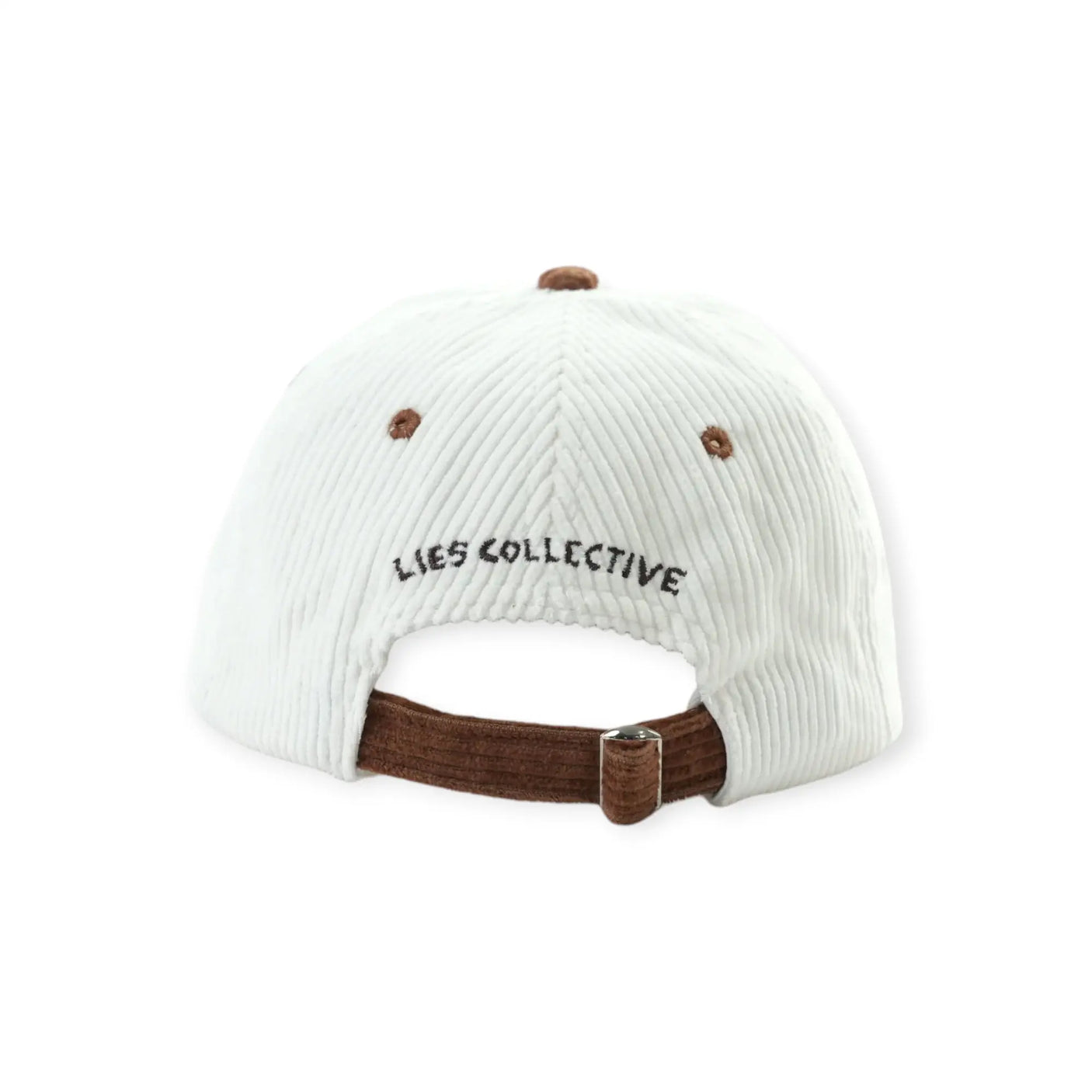 White ribbed cap with brown adjustable strap and 'Lies Collective' front text