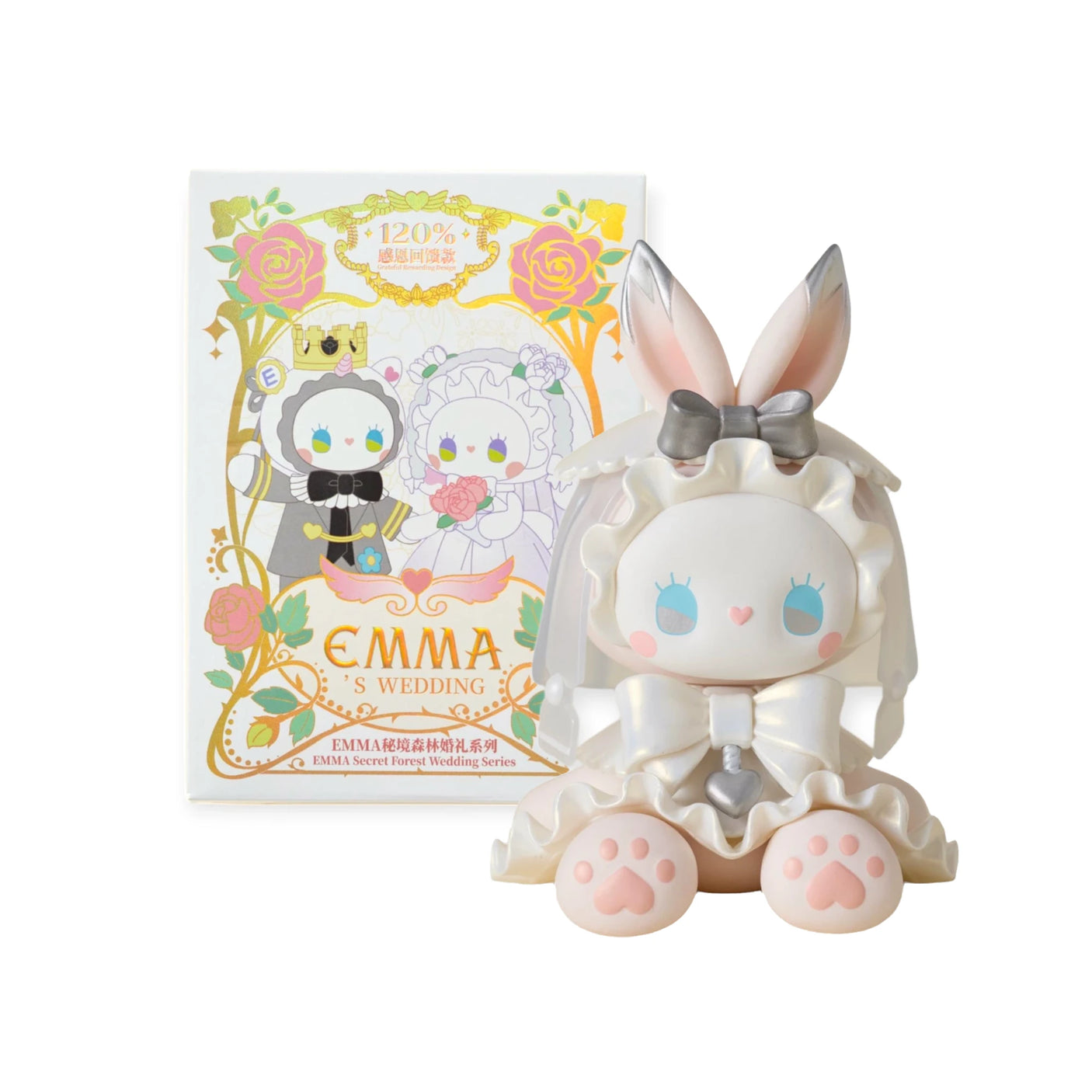 A bunny-themed hand-painted figure in a white wedding dress with veil, from Lucky Emma’s Secret Forest Wedding Blind Box, is a charming addition to any collection.