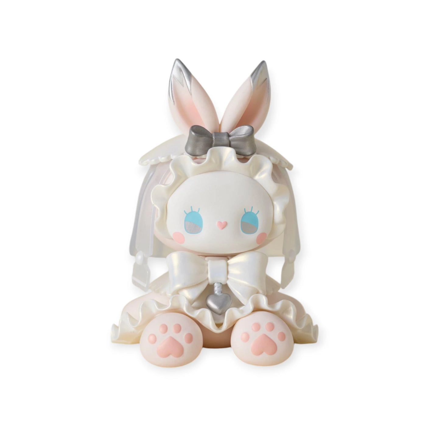 Discover the Lucky EMMA Secret Forest Wedding - Blind Box by Lucky Emma: a pastel bunny figurine in a white dress with bows, lace, and silver headdress—blue eyes, pink nose, and paw prints make it a perfect hand-painted collectible surprise!.