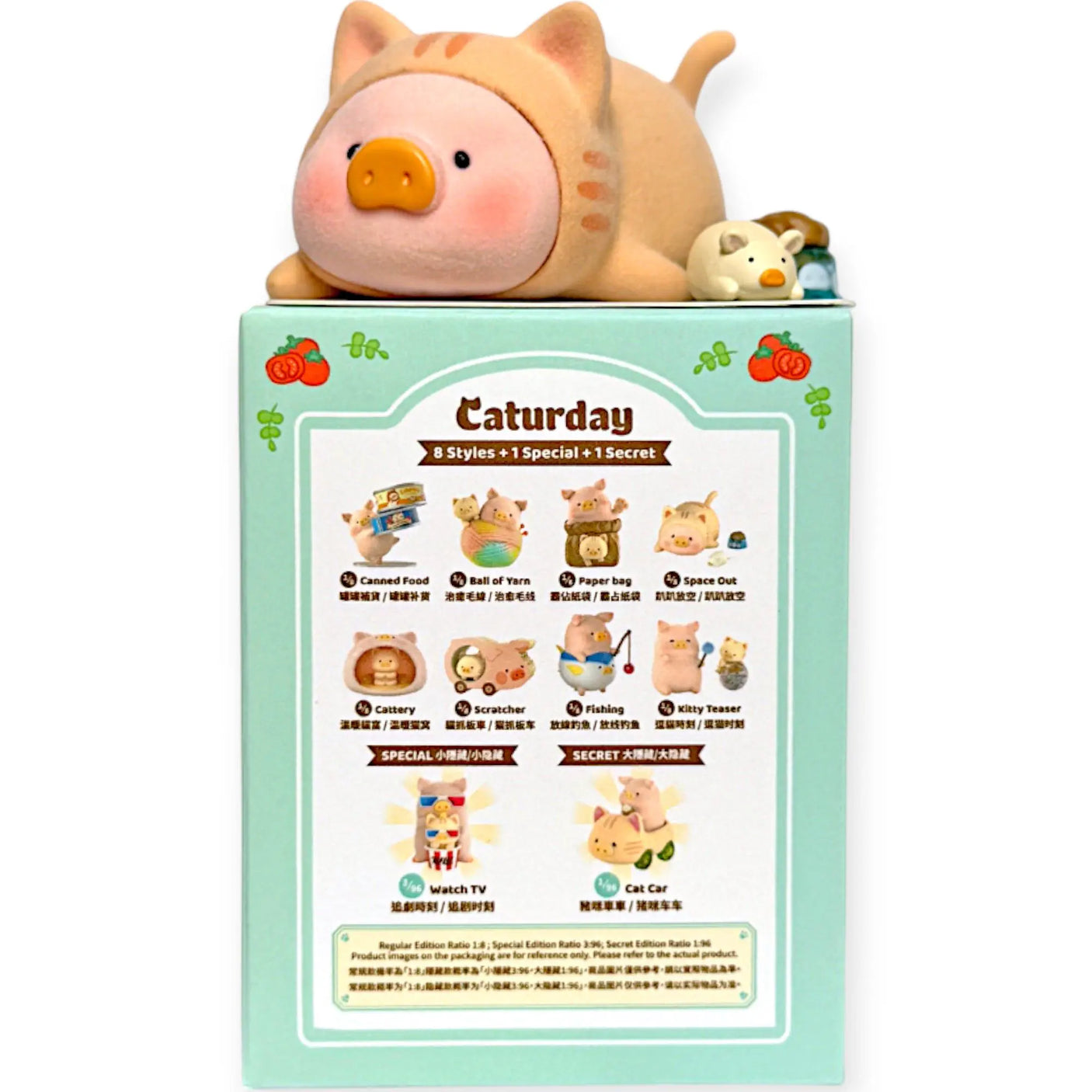 Caturday blind box with back panel showing figure lineup and accessory icons