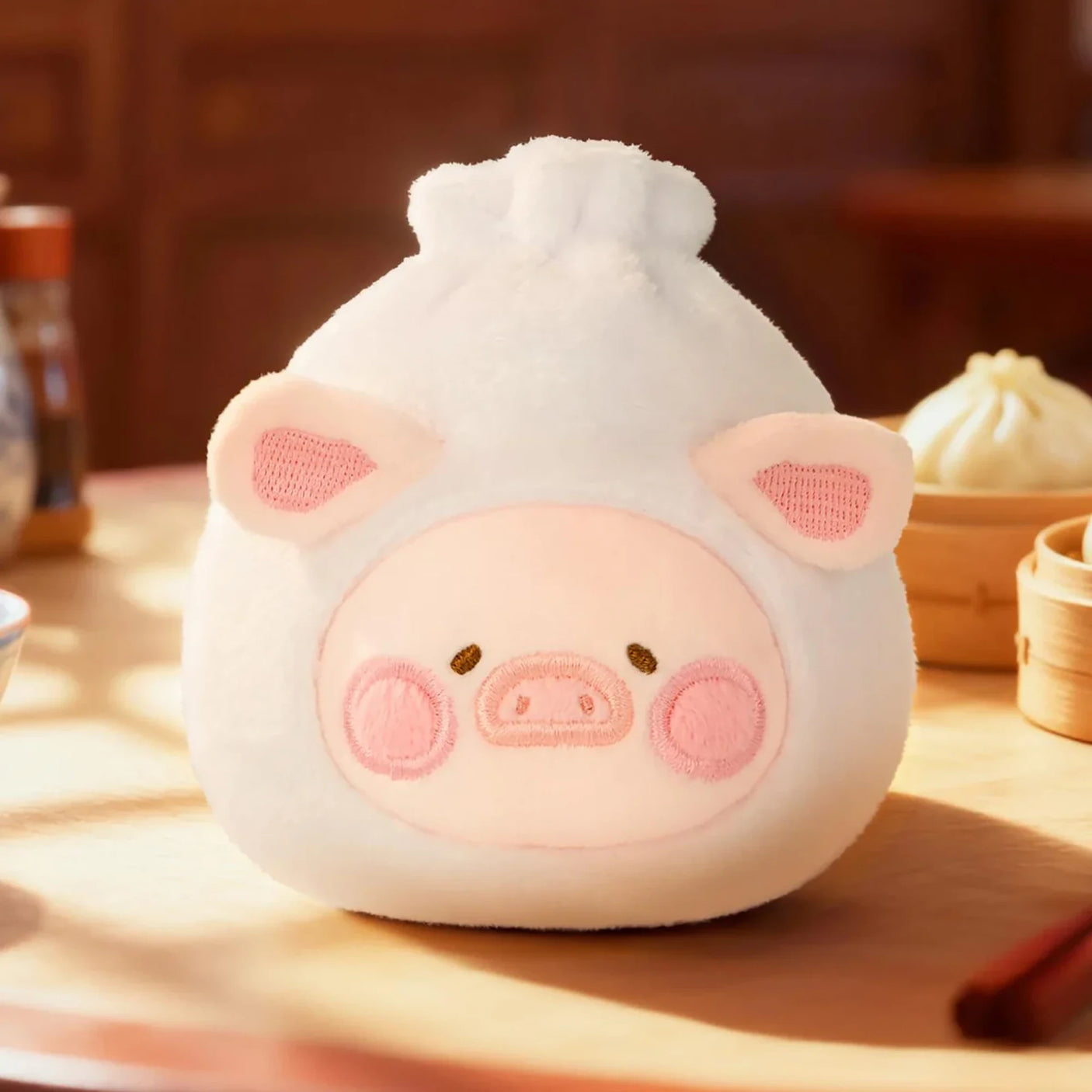 LuLu The Piggy - Dim Sum Food Hunter Keychain Blind Box featuring a plush piggy in a white steamed bun costume by LuLu The Piggy