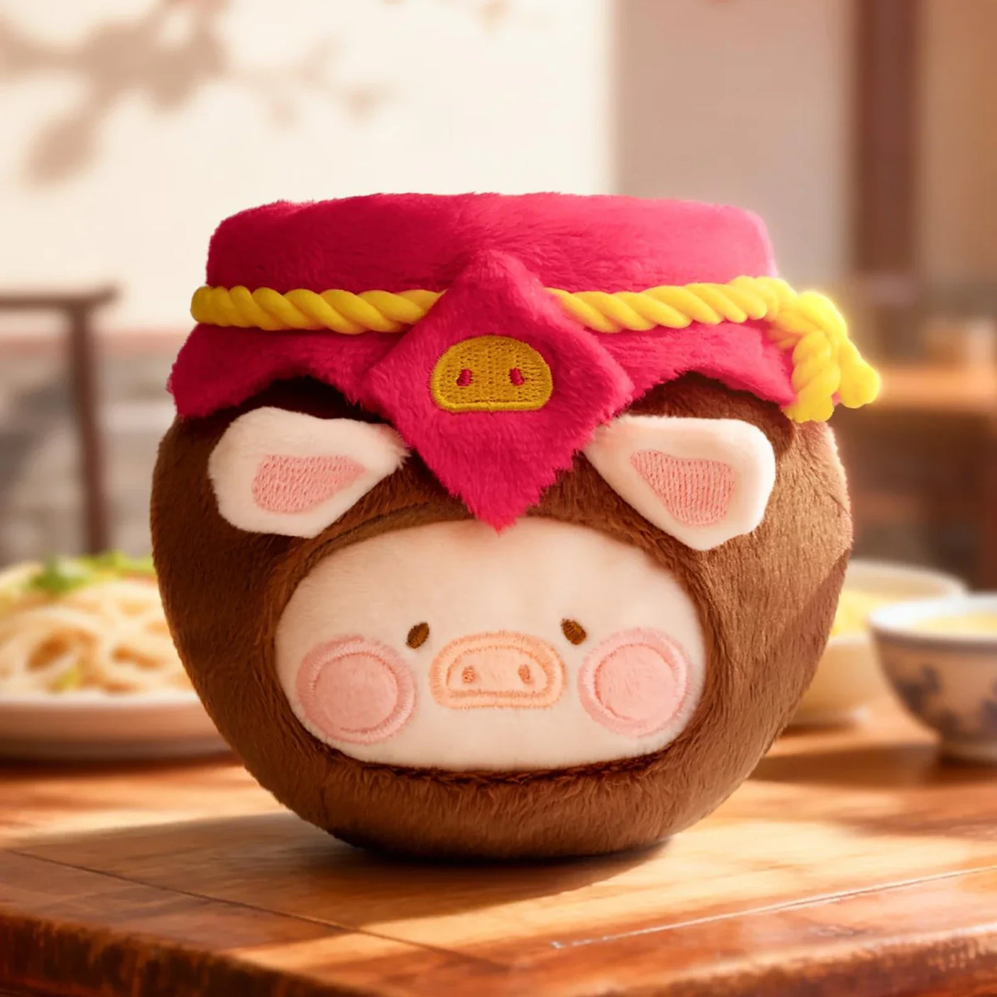 LuLu The Piggy - Dim Sum Food Hunter Keychain Blind Box featuring a plush piggy in a brown jar costume with red and yellow accents by LuLu The Piggy