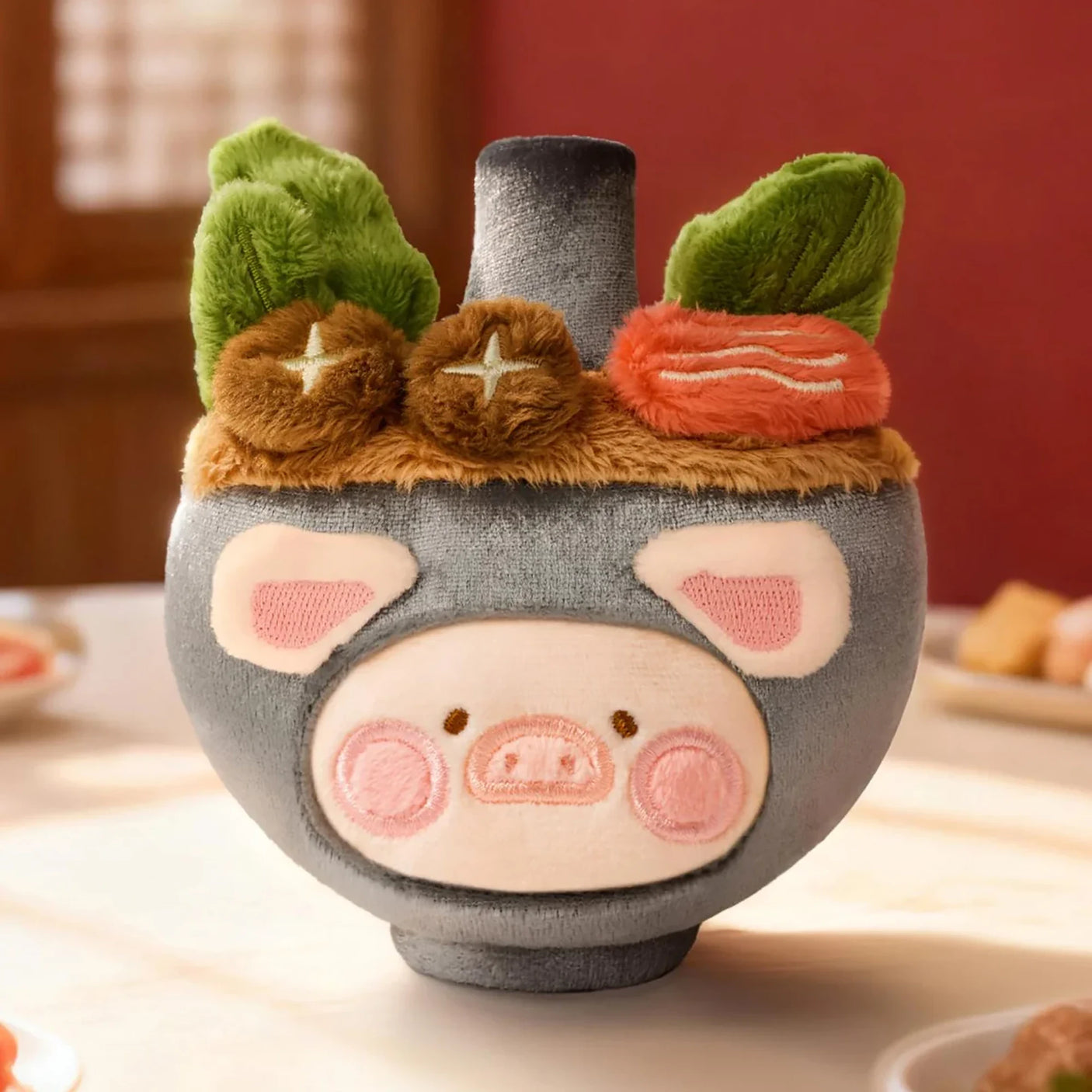 LuLu The Piggy - Dim Sum Food Hunter Keychain Blind Box featuring plush piggy in a gray hot pot costume with vegetable and mushroom details by LuLu The Piggy