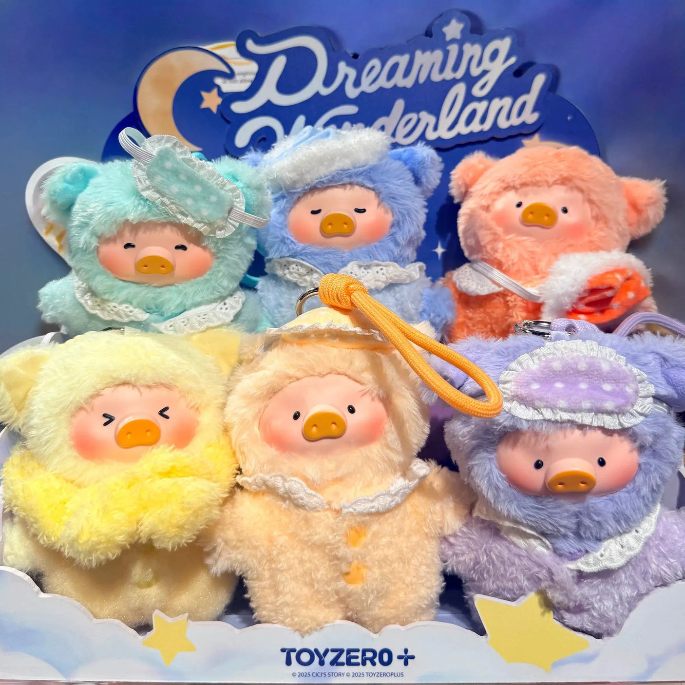 Assorted mini hooded pig plush toys in pastel colors, each with lace collar and button nose