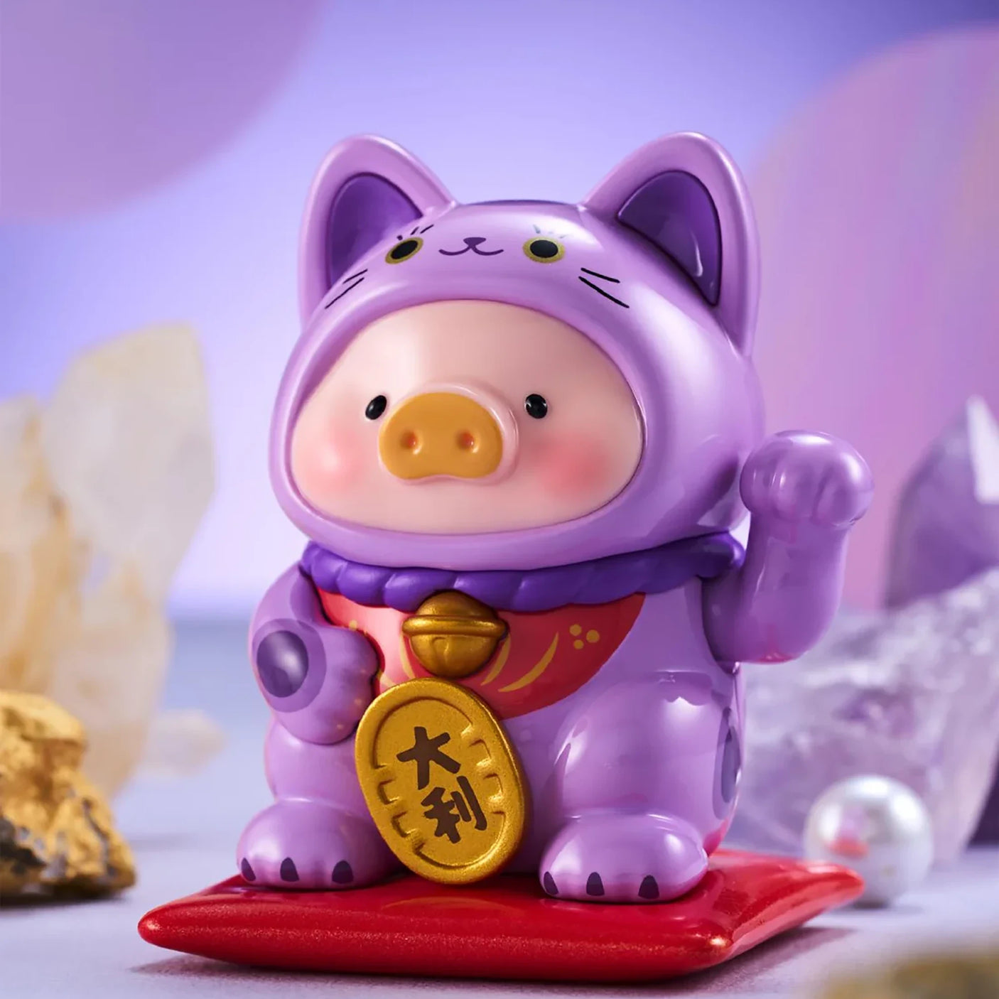 LuLu The Piggy - Lucky Cat Blind Box showing a piggy figurine in a purple lucky cat costume with gold bell on red cushion by LuLu The Piggy