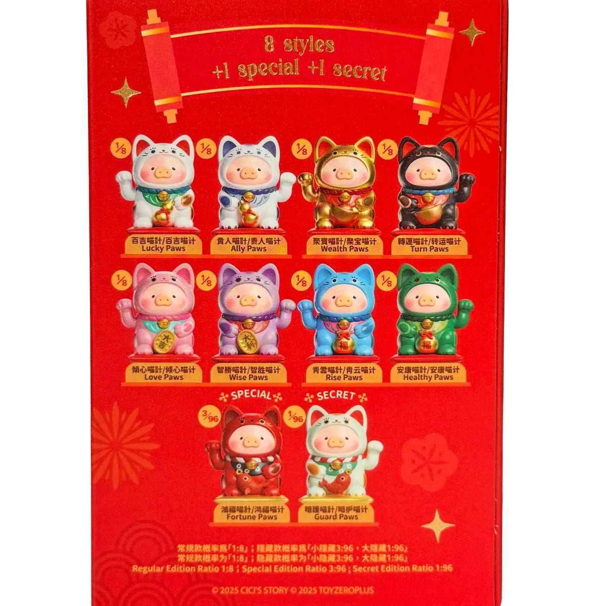 Lucky Cat blind box packaging showing multiple piggy figure styles and Secret style options