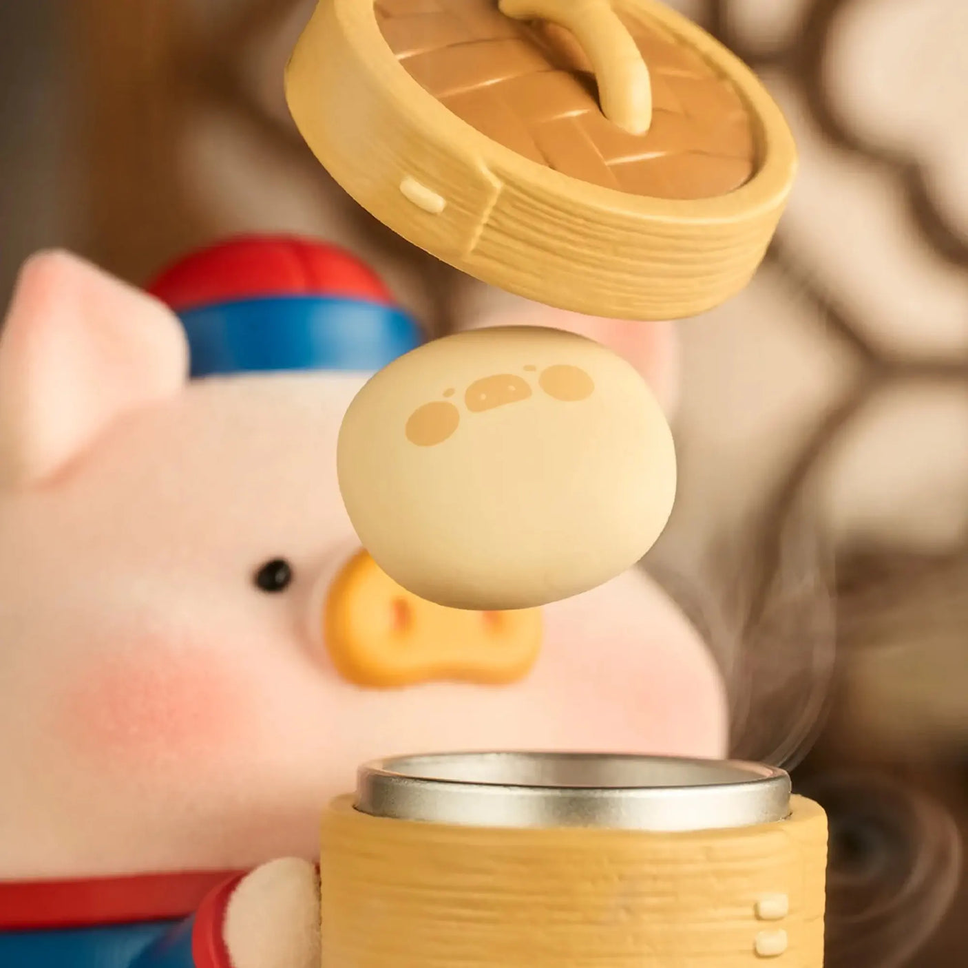 Piggy surprise figure with cream head and wooden table lid, open over the base
