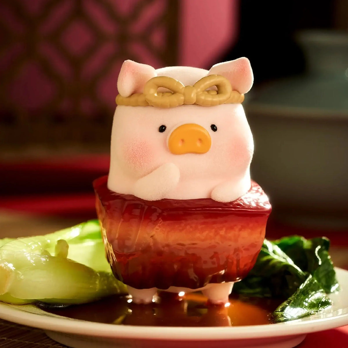 Piggy blind box figure with chef hat, red jacket, and orange pig snout on a plate