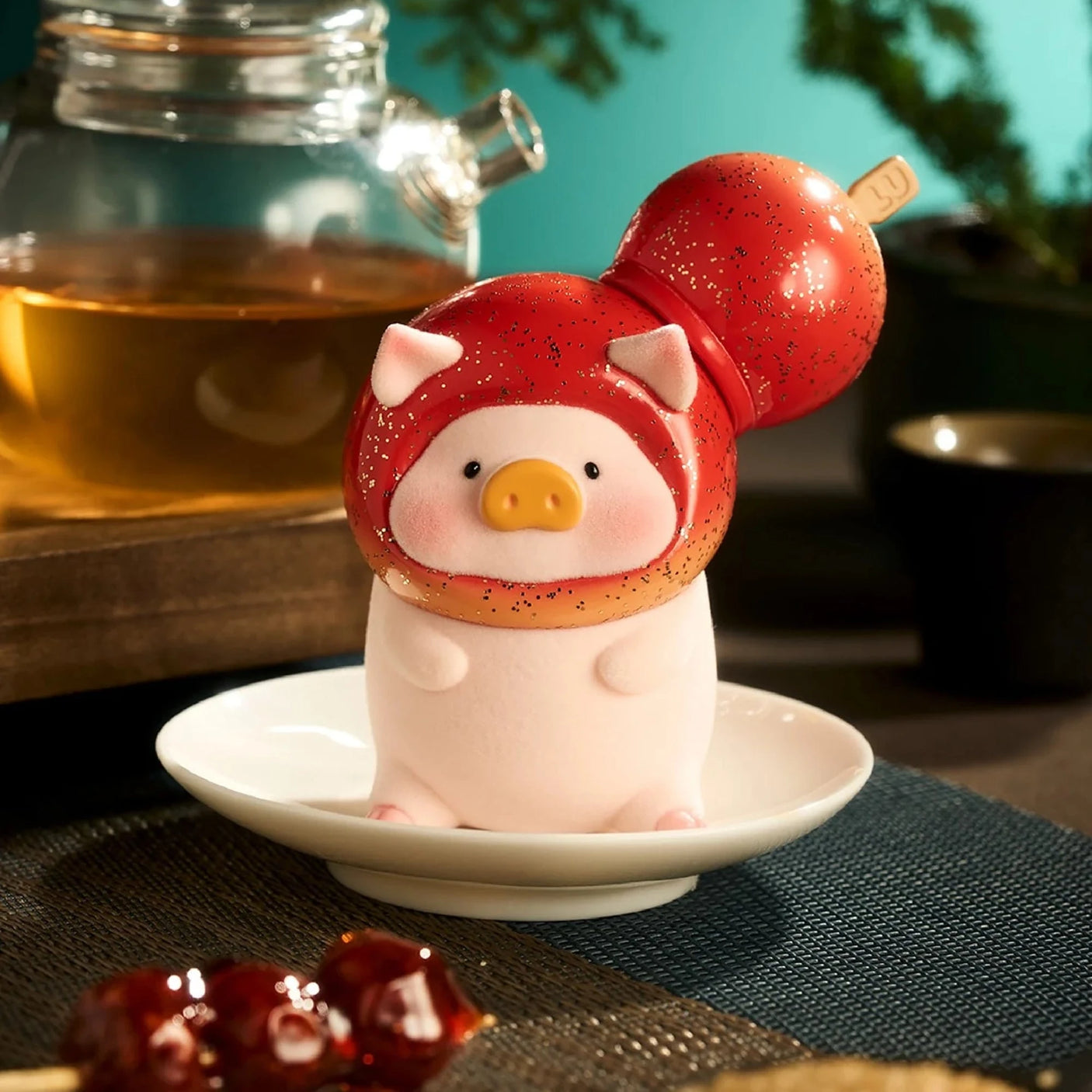 Piggy chef blind box figure with red hat and white body, standing on a small plate