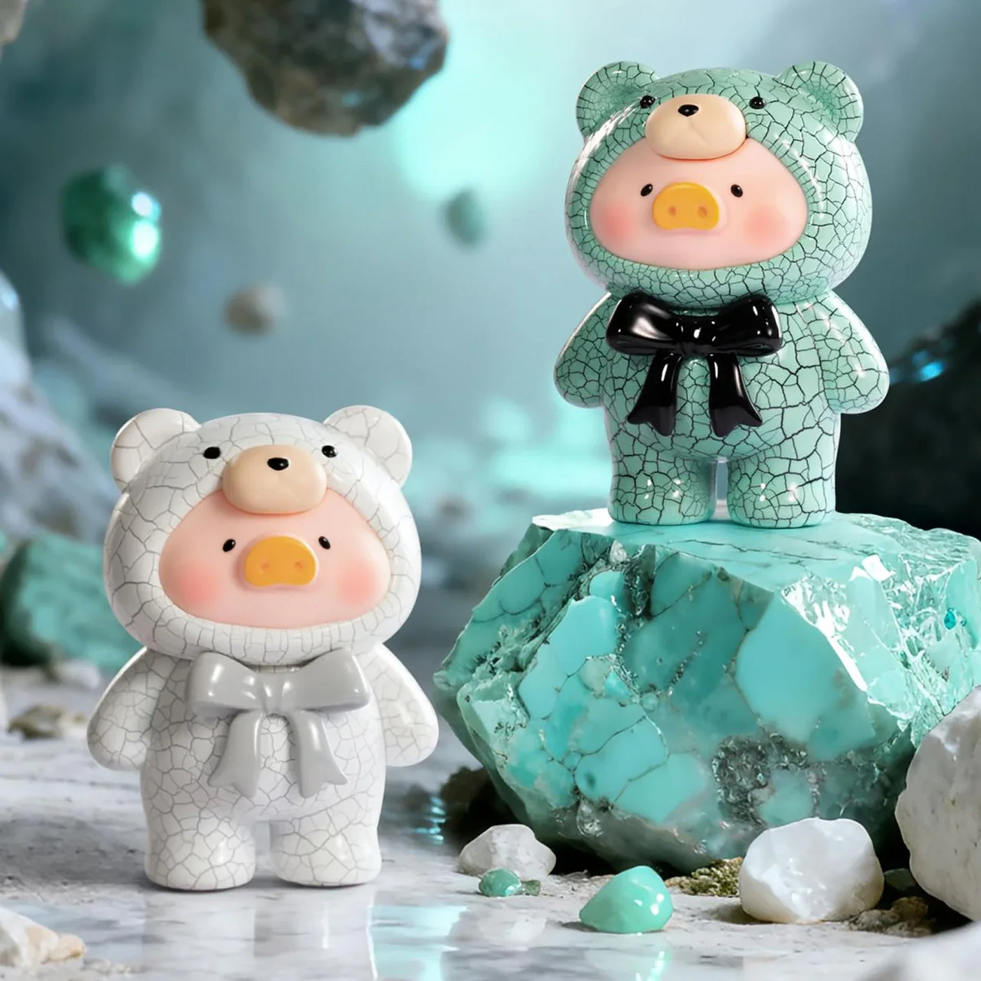 LuLu The Piggy - Mini Teddy Ore Series Blind Bag showing two cracked texture Mini Teddy figures in mint green and white with bows by LuLu The Piggy