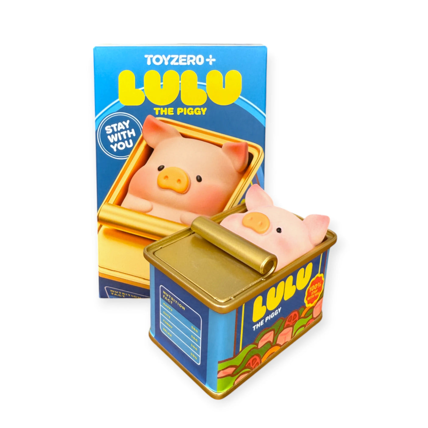 The LuLu The Piggy - Stay With You Blind Box features a collectible figure in a can-shaped container with matching packaging, perfect for fans and collectors of the LuLu The Piggy brand.