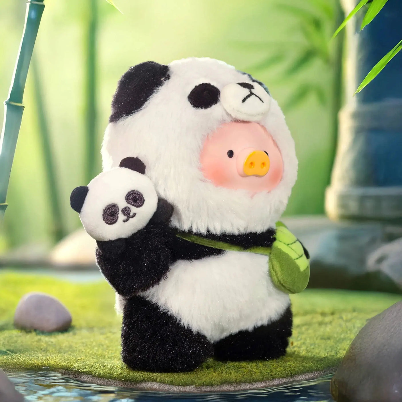 Panda plush keychain on grass, white-and-black plush with pink snout and green accessory