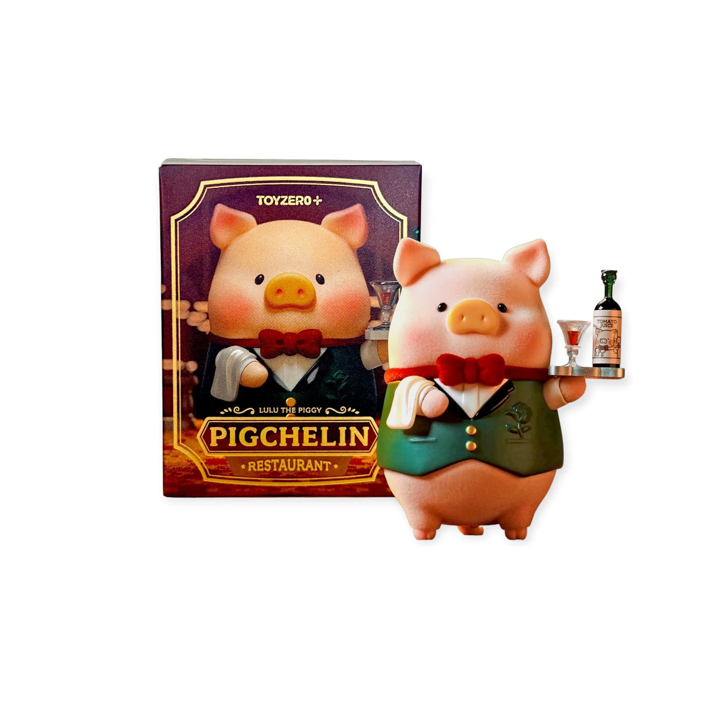 Pig-themed blind box figure in chef vest holding a small drink