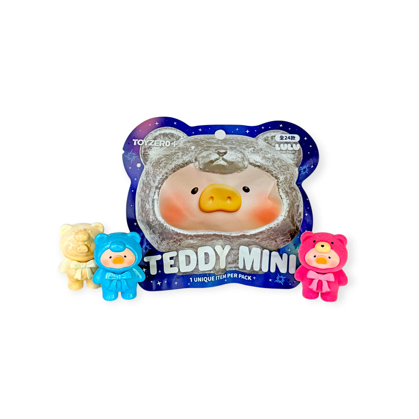 LuLu The Piggy - Mini Teddy Ore Series Blind Bag with three colorful bear-shaped figurines in cream, blue, and pink by LuLu The Piggy