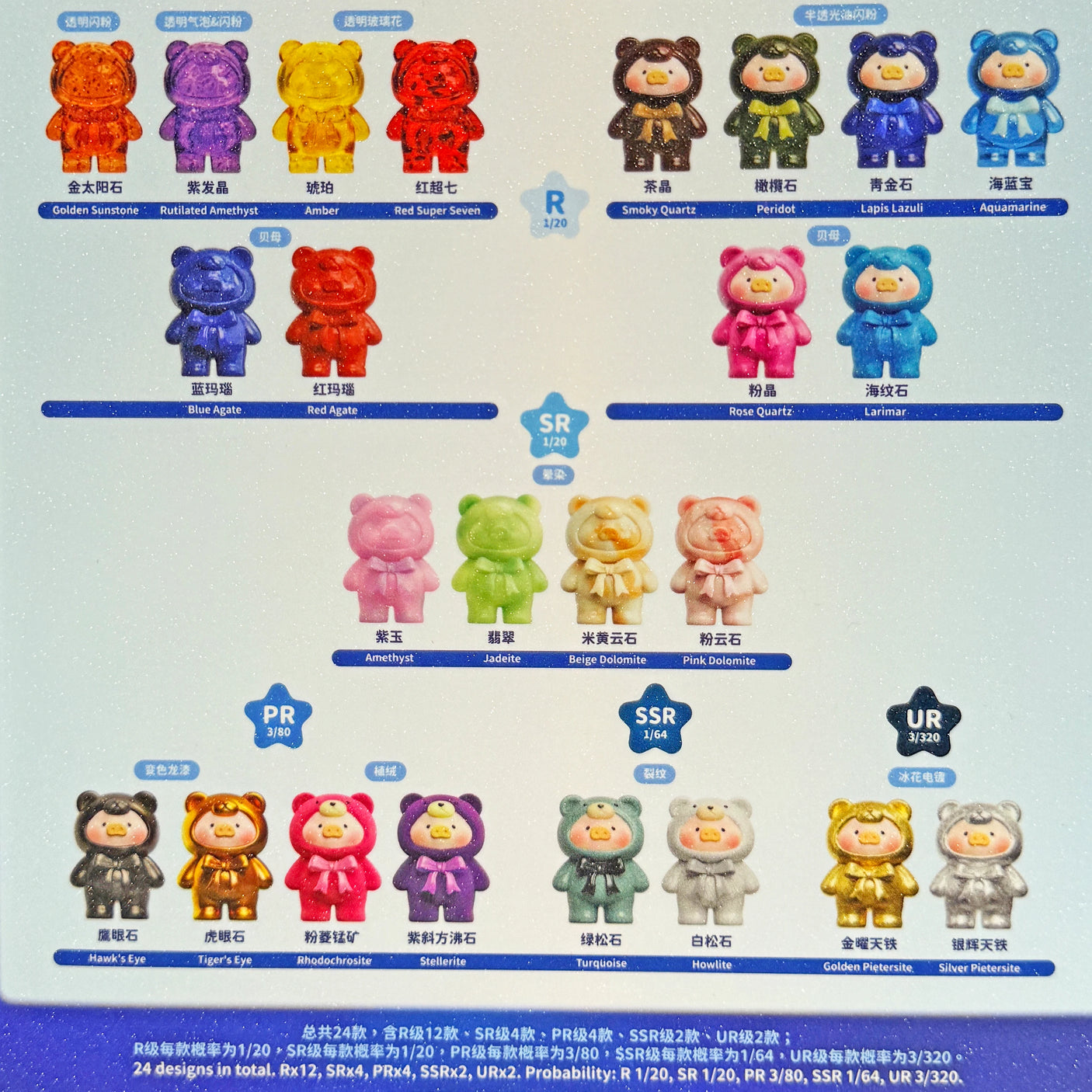 LuLu The Piggy - Mini Teddy Ore Series Blind Bag showing a collection of bear figures in gemstone and mineral textures by LuLu The Piggy