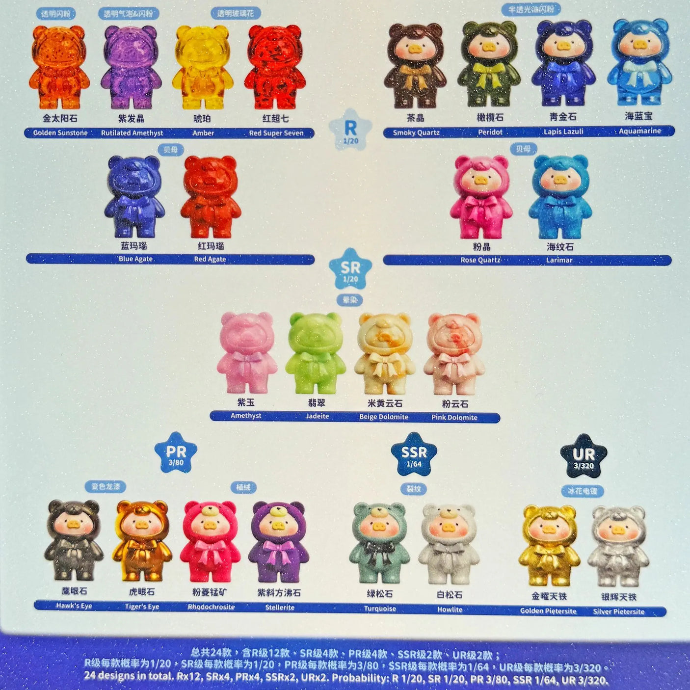 Teddy ore series character lineup card with multiple bear figurines in colors