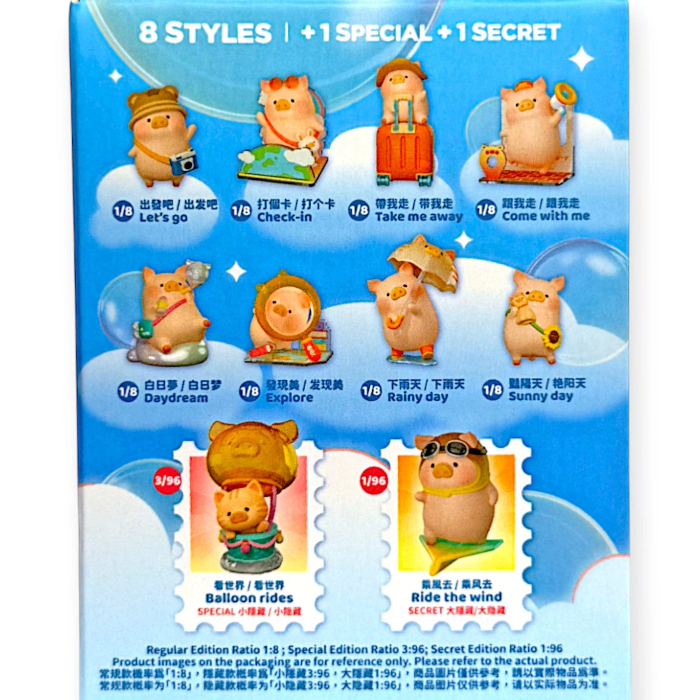 Travel blind box packaging with pig character lineup and 8 style icons on blue card