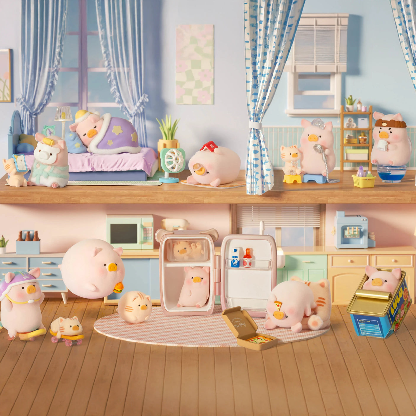 A diorama of a two-story house features LuLu the Piggy collectible figures from the LuLu The Piggy - Stay With You Blind Box, with round, pastel animal figurines in a cozy, cartoon-style interior.