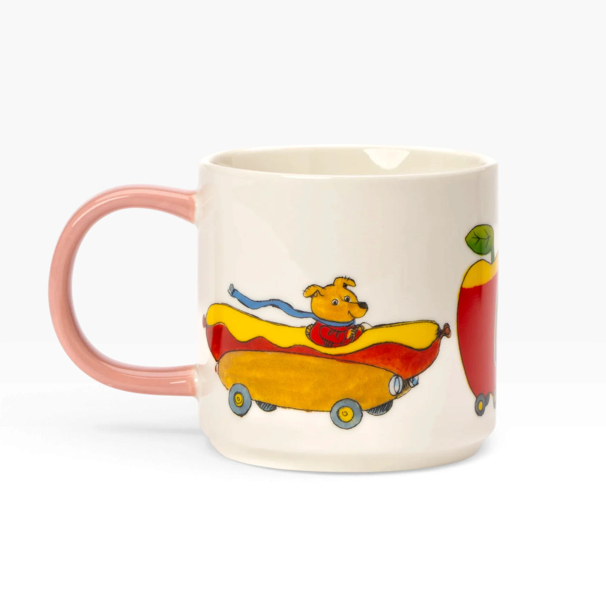 White ceramic mug with pink handle, cartoon dog in hot dog car print