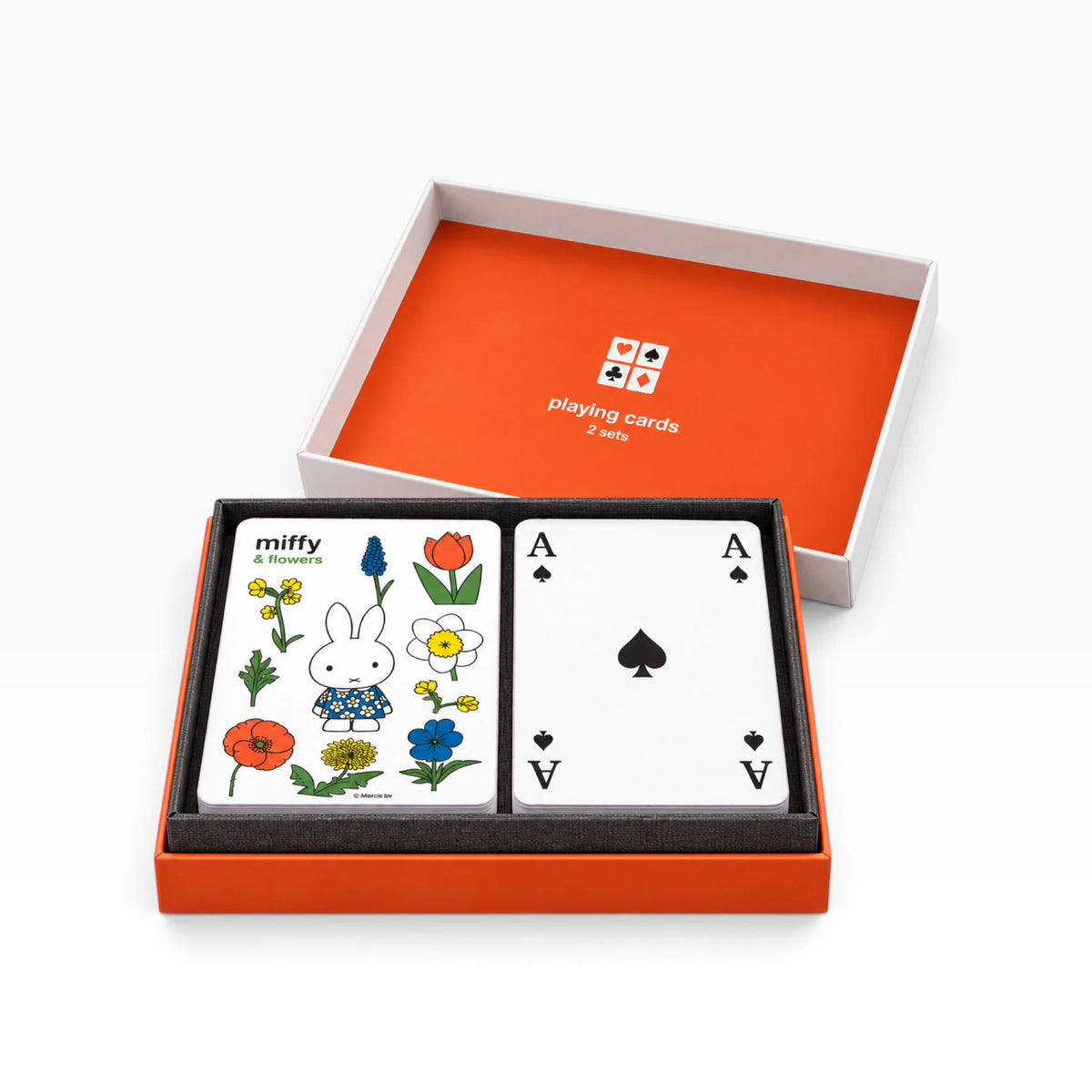 Playing card set with Miffy & Flowers decks inside orange-trimmed open gift box