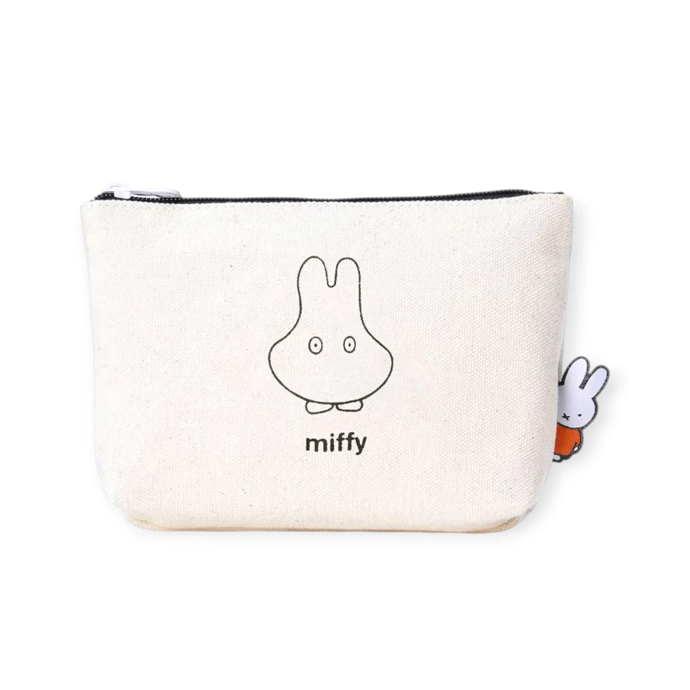 Off-white canvas zipper pouch with Miffy ghost line art front and black zipper