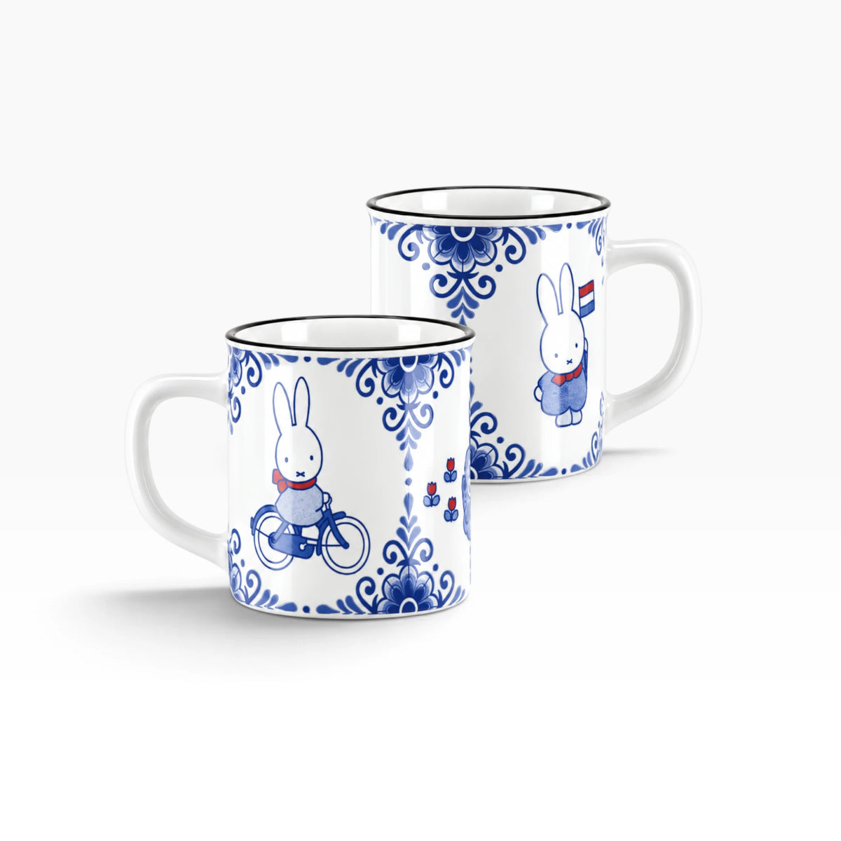 Two Miffy ceramic mugs, blue vintage bunny and floral prints, white with dark blue rims