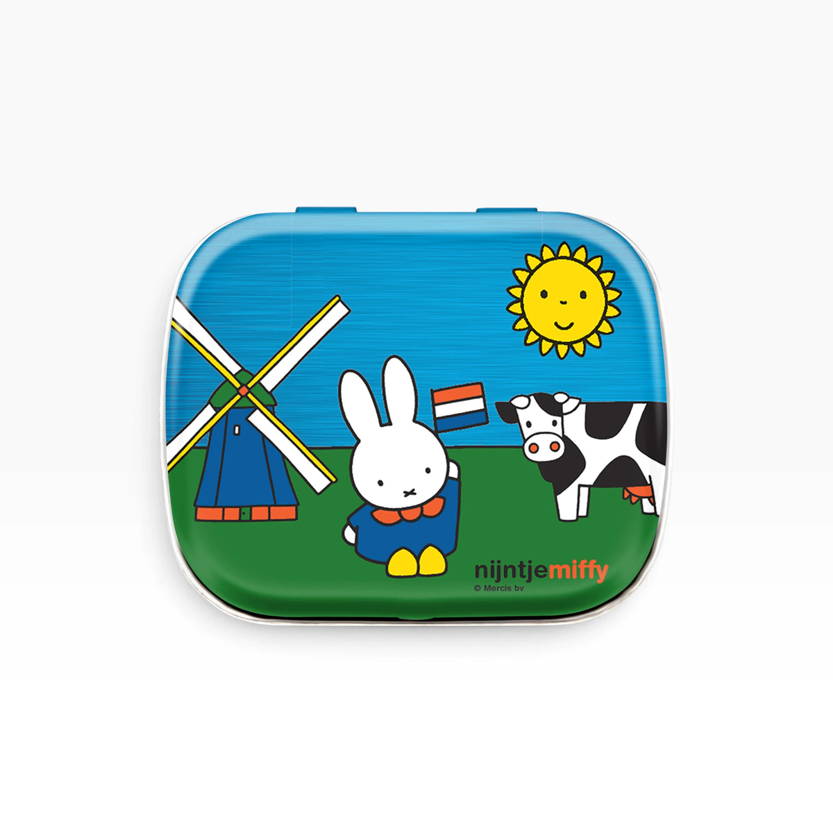 Miffy pill tin with blue-green Dutch illustration and Miffy character, hinged lid
