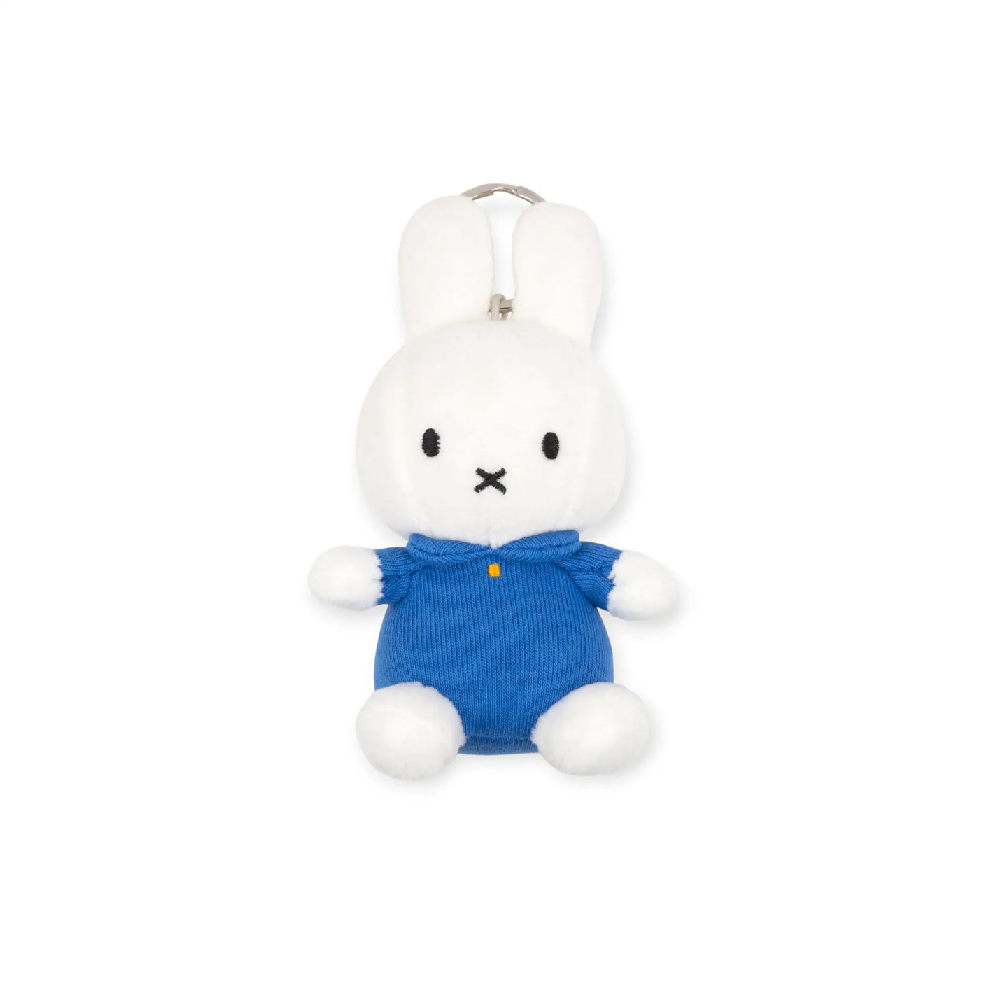 Miffy rabbit keychain, white plush with blue dress and metal ring