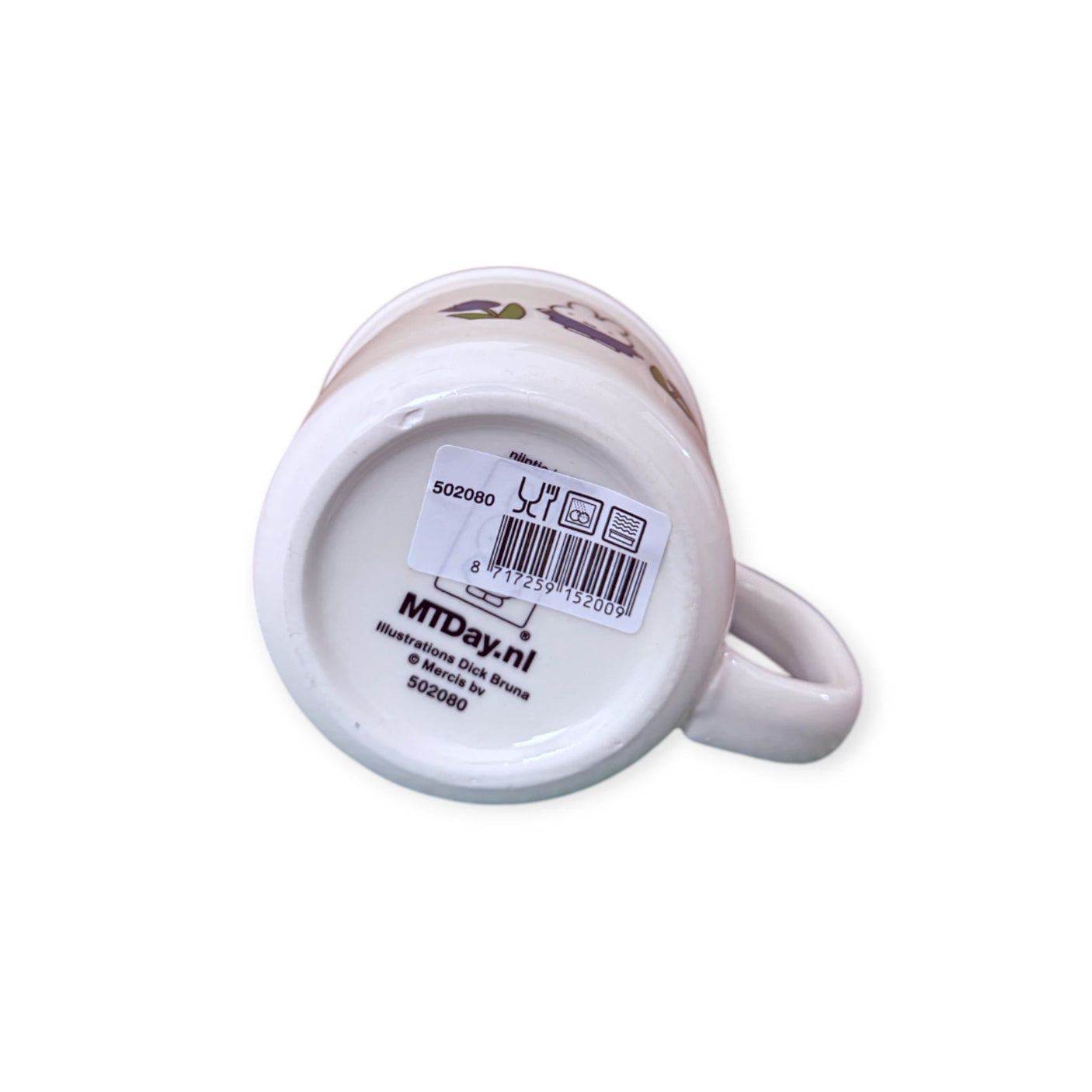 White ceramic Miffy Ceramic Mug - Blue Tulip, by Miffy, shown upside down with a barcode sticker and the printed text “MTDay.nl” and “502080” visible on the bottom.