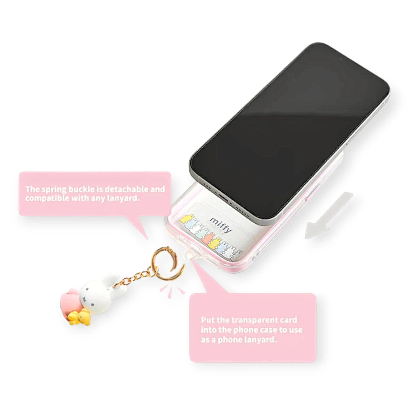 Transparent phone card holder with black phone, pastel lanyard and bunny charm