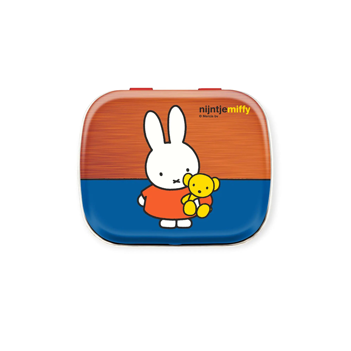Miffy pill tin with cartoon bunny holding small teddy, orange and blue lid