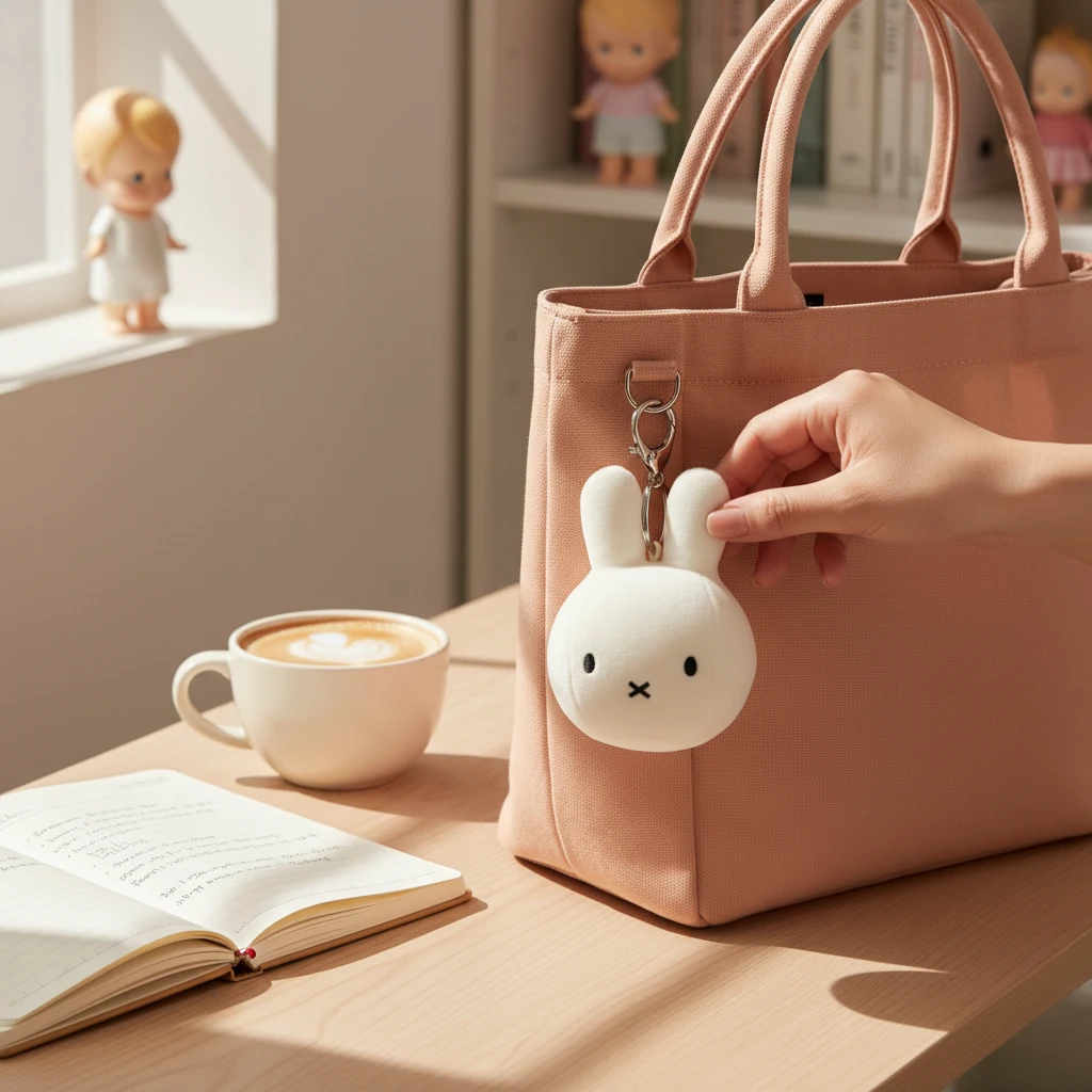 Miffy Squish Ball Keychain - White clipped to a beige bag with hand touching soft white bunny by Miffy