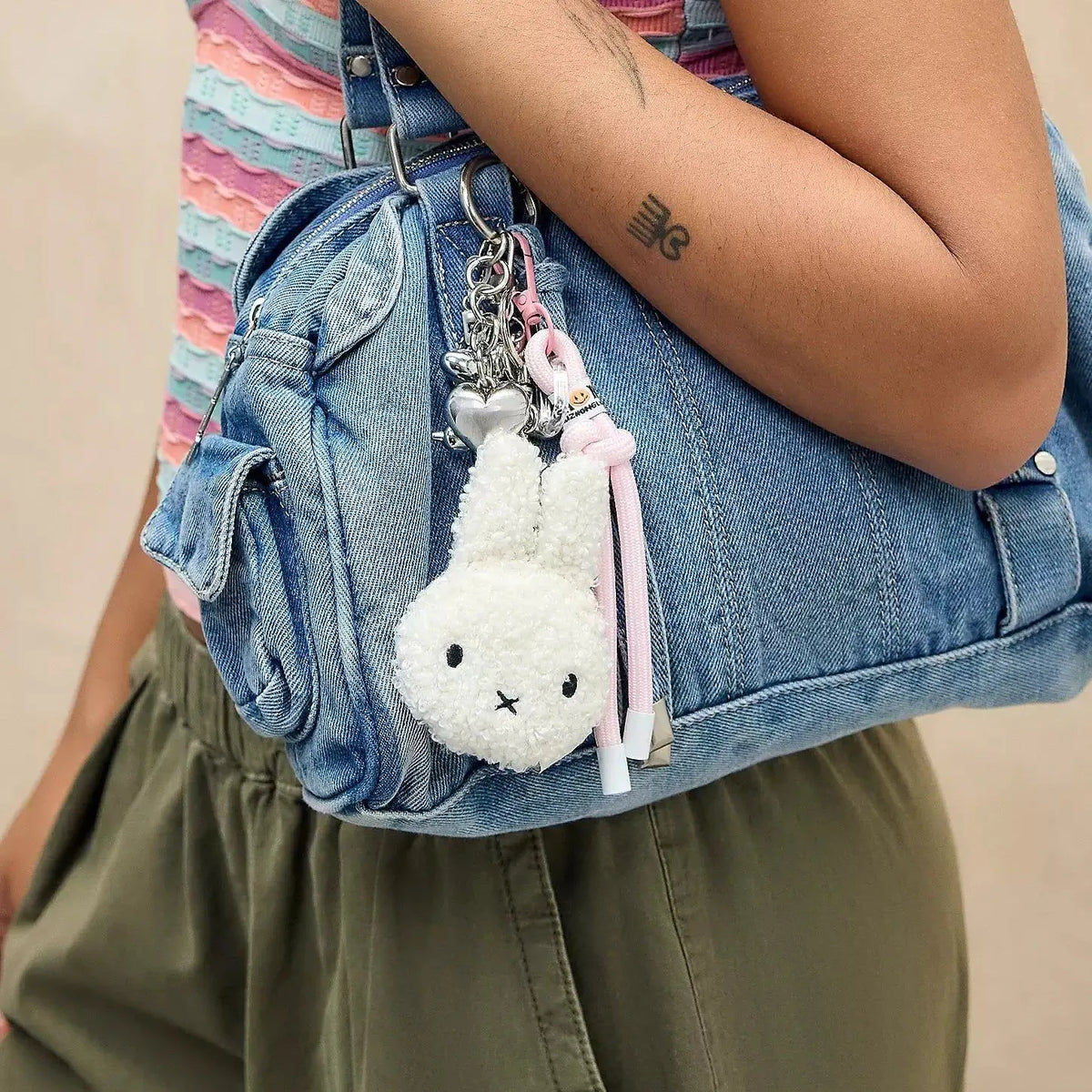 Cream terry plush rabbit keychain with keyring and pink tassel charm