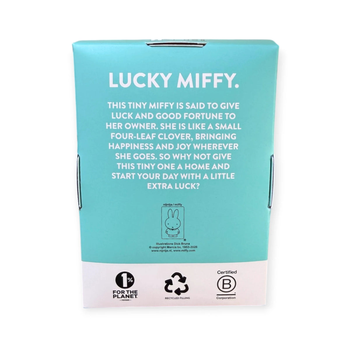 Lucky mini miffy gift box front with turquoise poem panel and recycling icons