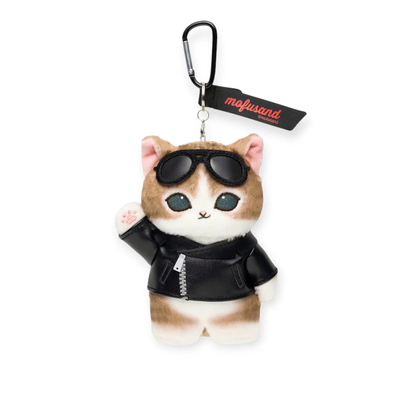 Plush cat keychain with black leather jacket and sunglasses, hanging with tag