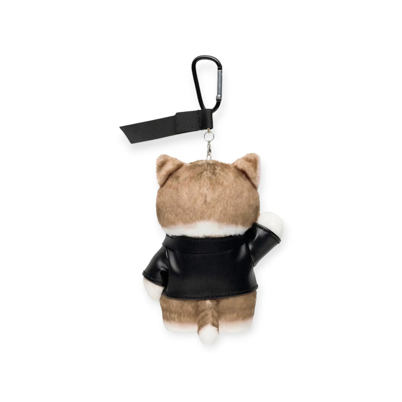 Plush cat keychain in black leather jacket, key ring facing away