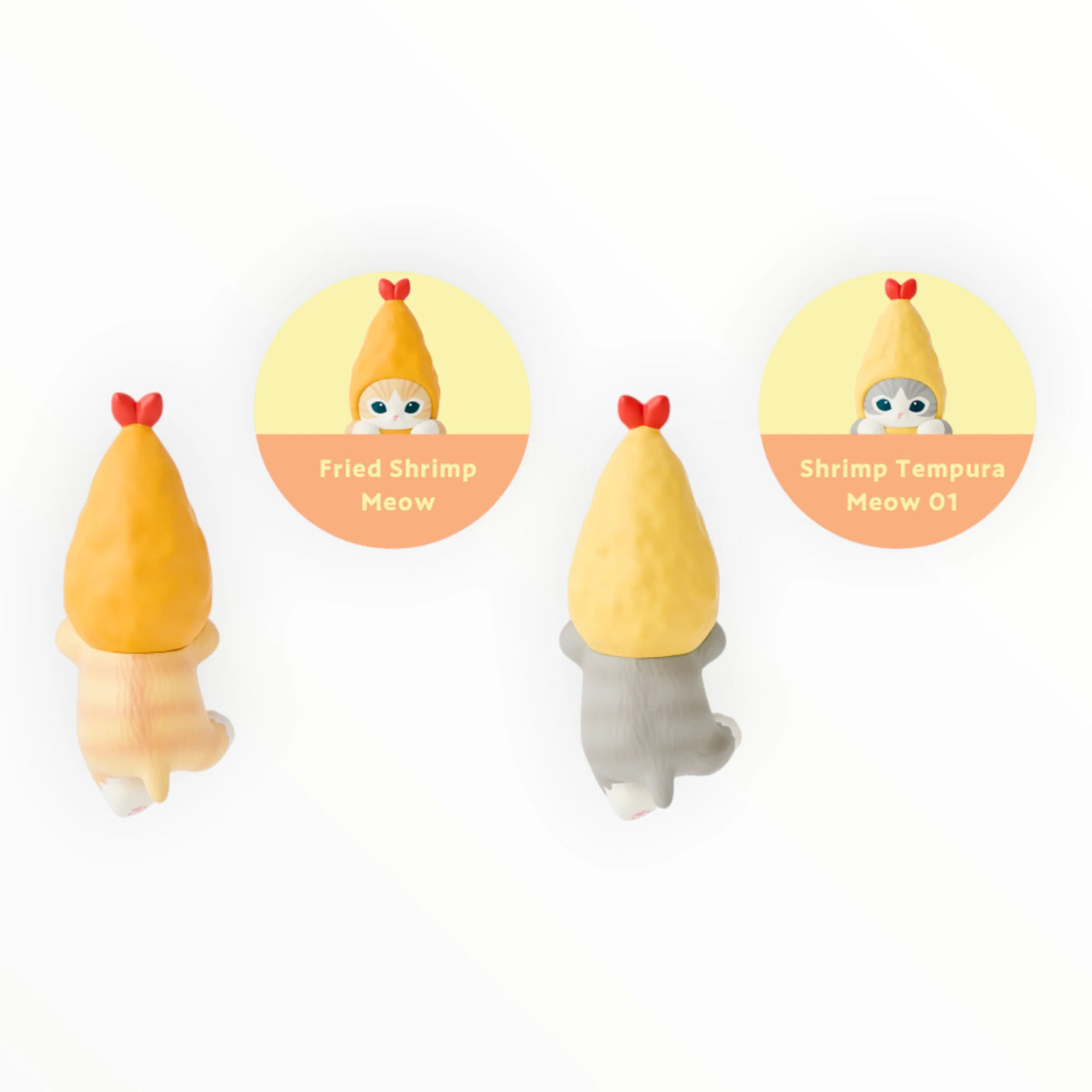 Pair of plush shrimp hippers with yellow hoods and red bows, with gray bottoms.