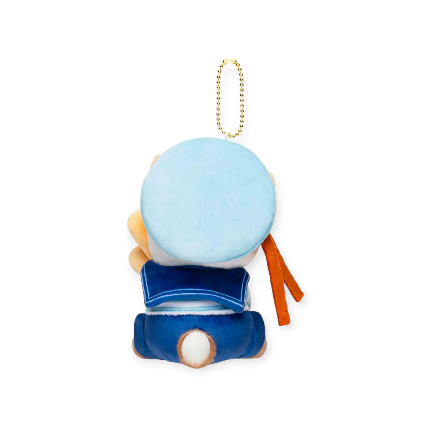 Plush cat keychain back view with light blue head and blue outfit, hanging gold chain