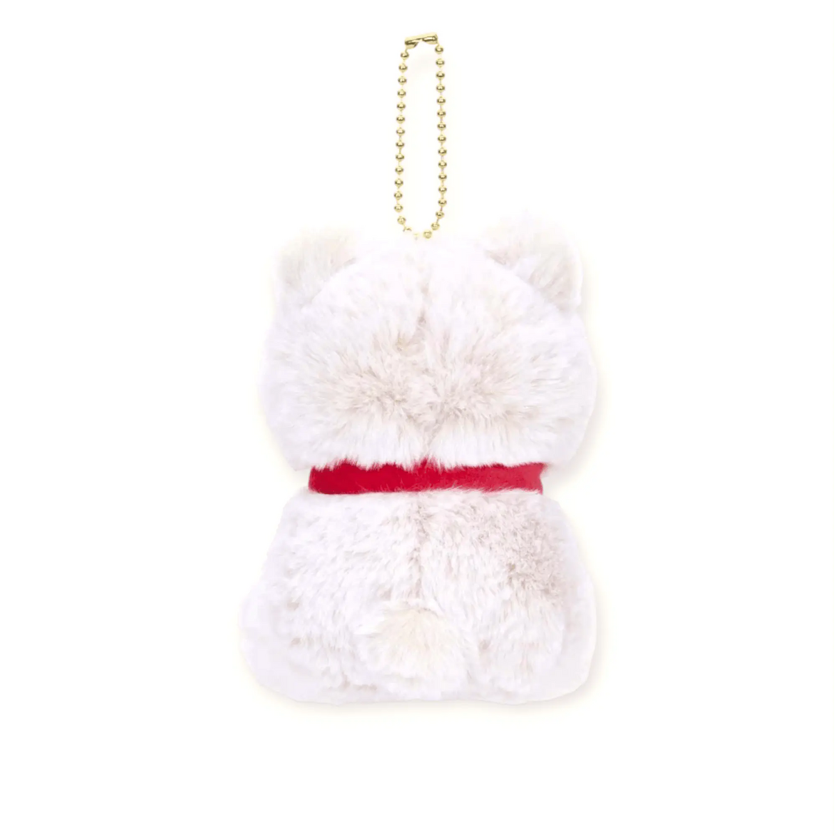 White plush teddy bear keychain with red scarf and gold bead chain (back view)