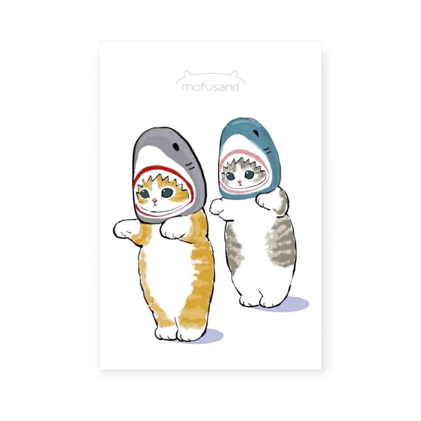 Mofusand shark-themed postcard with two cartoon sharks in hooded outfits